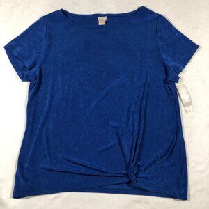 Chico's Top Womens 3 XL 16 Travelers Short Sleeve Front Tuck Blue NEW $90